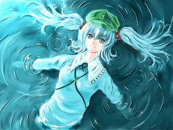 Rule 34 | 1girl, afloat, bad id, bad pixiv id, blue eyes, blue hair, female focus, floating, gradient background, hair bobbles, hair ornament, hat, kawashiro nitori, key, matching hair/eyes, parsley-f, solo, touhou, twintails, two side up, water