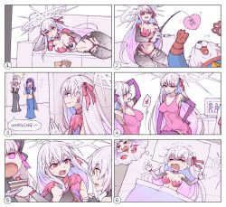 Rule 34 | 5girls, breasts, cake, chinese commentary, comic, commentary request, controller, couch, dreaming, dress, english text, fate/grand order, fate (series), food, halo, jack the ripper (fate/apocrypha), kama (beast iii/l) (fate), kama (fate), large breasts, light purple hair, long hair, lying, me!me!me!, multiple girls, numbered panels, nursery rhyme (fate), pink dress, red eyes, remote control, sleeping, tears, trembling, very long hair, waero