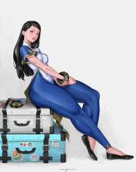 Rule 34 | 1girl, absurdres, blue dress, blue pants, bracelet, brown hair, capcom, chinese clothes, chun-li, dress, erzomori, flats, hair down, highres, jewelry, light smile, long hair, looking at viewer, looking to the side, muscular legs, pants, sitting, skirt, sticker, street fighter, street fighter 6, suitcase, thick thighs, thighs