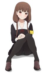 Rule 34 | 1girl, absurdres, armband, black dress, black pantyhose, blunt bangs, blush, brown eyes, brown footwear, brown hair, closed mouth, collar, collared dress, coro fae, dot nose, dress, embarrassed, furrowed brow, hands on own knee, highres, iino miko, kaguya-sama wa kokurasetai ~tensai-tachi no renai zunousen~, knees up, loafers, long sleeves, looking at viewer, low twintails, neck ribbon, own hands together, paid reward available, panties, panties under pantyhose, pantyhose, pantyshot, red ribbon, ribbon, school uniform, shadow, shoes, shuuchiin academy school uniform, simple background, sitting, solo, split mouth, twintails, underwear, white background, white collar, winter uniform, yellow armband