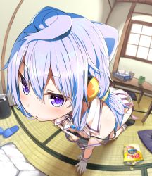 Rule 34 | 1boy, ahoge, all fours, bag of chips, black socks, blush, chips (food), closed eyes, commentary request, cup, detached collar, fisheye, food, gloves, greatmosu, hacka doll, hacka doll 3, hair ornament, headphones, highres, indoors, jitome, long hair, looking at viewer, male focus, mug, no shoes, parted lips, pillow, purple eyes, purple hair, slippers, socks, solo, strap slip, table, tissue box, trap, trash can, white gloves, window