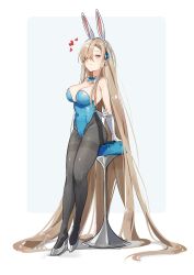 Rule 34 | 1girl, absurdly long hair, animal ears, arm behind back, asuna (blue archive), asuna (bunny) (blue archive), bare shoulders, black pantyhose, blue archive, blue background, blue leotard, breasts, brown hair, cleavage, closed mouth, deitaku, fake animal ears, full body, gloves, heart, highres, large breasts, leotard, long hair, looking at viewer, pantyhose, playboy bunny, rabbit ears, solo, two-tone background, very long hair, white background, white gloves