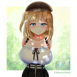 Rule 34 | 1girl, absurdres, arms behind back, artist name, bare shoulders, blonde hair, blue eyes, blush, breasts, danzfloor, earrings, grin, hat, heart, heart earrings, highres, hololive, hololive english, jewelry, large breasts, looking at viewer, medium hair, parted lips, shadow, smile, solo, standing, teeth, virtual youtuber, watson amelia