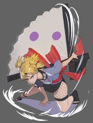 Rule 34 | 1girl, aerokinesis, black skirt, blonde hair, fishnets, forehead protector, full body, green eyes, grey background, hand fan, hanny (uirusu chan), highres, holding, holding fan, japanese clothes, leaning forward, long hair, looking at viewer, naruto, naruto (series), ninja, open mouth, purple shirt, red ribbon, ribbon, sandals, shirt, short sleeves, simple background, skirt, solo, temari (naruto), thighs, toes, wind