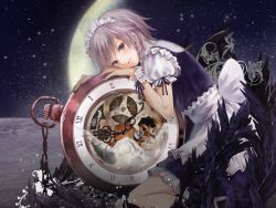Rule 34 | 1girl, blue eyes, braid, clock, duplicate, feathers, female focus, fukahire (ruinon), gears, izayoi sakuya, looking at viewer, maid, moon, outdoors, pocket watch, short hair, silver hair, solo, space, touhou, watch