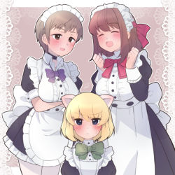 Rule 34 | 3girls, alternate costume, animal ears, apron, artist name, back bow, black choker, black dress, blonde hair, blue bow, blue eyes, blush, bob cut, bow, breast hold, breasts, brown eyes, brown hair, cat ears, choker, clenched hands, closed eyes, closed mouth, collared dress, commentary, crossed arms, doily, dress, enmaided, fake animal ears, freckles, frilled dress, frills, girls und panzer, green bow, headband, high collar, itsumip, juliet sleeves, katyusha (girls und panzer), kondou taeko, large bow, large breasts, light frown, long dress, long sleeves, looking at another, looking at viewer, maid, maid apron, maid headdress, medium hair, multiple girls, naomi (girls und panzer), open mouth, outline, puffy short sleeves, puffy sleeves, red bow, red headband, short dress, short hair, short sleeves, signature, smile, standing, very short hair, white apron, white bow, white outline