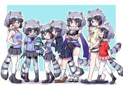 Rule 34 | 6+girls, adapted costume, alternate costume, animal ears, bad id, bad pixiv id, bare legs, bare shoulders, black legwear, black neckwear, black skirt, blue hair, blue jacket, blue shirt, blue sweater, blush, bow, bowtie, brown eyes, commentary request, common raccoon (kemono friends), crocs, crossed arms, denim, denim shorts, elbow gloves, fang, fishnets, full body, fur collar, gloves, grey hair, hand on another&#039;s shoulder, height difference, highres, holding hands, jacket, japanese clothes, kemono friends, long sleeves, lucky beast (kemono friends), multicolored hair, multiple girls, multiple views, ngetyan, ninja, obi, open mouth, palcoarai-san (kemono friends), pantyhose, patchwork skin, pink sweater, pleated skirt, raccoon ears, raccoon girl, raccoon tail, red eyes, red shirt, sash, school uniform, shirt, short hair, short shorts, short sleeves, shorts, simple background, skirt, sleeveless, socks, sweat, sweater, t-shirt, tail, thighhighs, torn clothes, torn legwear, translation request, white hair, white legwear, yellow shirt, zettai ryouiki, zombie