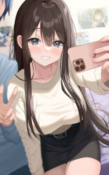 Rule 34 | 1boy, 1girl, belt, black belt, black skirt, blush, breasts, brown hair, buckle, cellphone, collarbone, commentary request, grey eyes, grin, hair over shoulder, hetero, highres, holding, holding phone, indoors, large breasts, long hair, long sleeves, miniskirt, on bed, original, out of frame, pencil skirt, phone, photo (object), piyopoyo, selfie, sidelocks, sitting, skirt, smartphone, smile, solo focus, sweater, teeth, v, yellow sweater