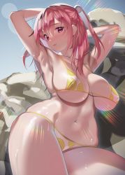 Rule 34 | 1girl, absurdres, armpits, arms behind head, arms up, azur lane, bare shoulders, bikini, blush, breasts, cleavage, collarbone, dead or alive, highres, honoka (doa), large breasts, looking at viewer, medium hair, nanaken nana, navel, one side up, open mouth, pink eyes, pink hair, polka dot, polka dot bikini, swimsuit, thighs, wet, yellow bikini