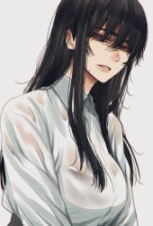 Rule 34 | 1girl, black hair, black skirt, blouse, bra visible through clothes, breasts, collared shirt, from side, hair over eyes, highres, hoshi san 3, jimiko, large breasts, long hair, long sleeves, looking at viewer, messy hair, mole, mole on ear, mole under eye, mole under mouth, original, parted lips, shirt, simple background, skirt, solo, upper body, wet, wet clothes, wet shirt, white background, white shirt, wing collar