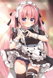 Rule 34 | 1girl, apron, black dress, black thighhighs, blue one-piece swimsuit, blurry, blurry background, blush, breasts, closed mouth, commentary request, dress, frilled apron, frills, hair between eyes, hanamiya natsuka, heart, heart hands, large breasts, long hair, looking at viewer, maid, maid headdress, old school swimsuit, one-piece swimsuit, original, parted lips, pink hair, plaid, puffy short sleeves, puffy sleeves, purple eyes, school swimsuit, short sleeves, sidelocks, solo, standing, strap slip, swimsuit, swimsuit under clothes, thighhighs, twintails, very long hair, white apron, wrist cuffs
