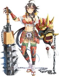 Rule 34 | 1girl, ahoge, black hair, boots, breasts, chain, cleavage, club (weapon), emerane, full body, gloves, hair ribbon, holding, holding weapon, horns, kanabou, large breasts, long hair, low-tied long hair, multicolored hair, official art, onigajo (oshiro project), orange eyes, oshiro project:re, oshiro project:re, red hair, ribbon, smile, tabi, thigh boots, thighhighs, transparent background, very long hair, weapon