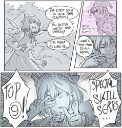 Rule 34 | 2girls, american flag dress, bow, circled 9, cirno, clownpiece, comic, dress, english text, hair bow, hat, ice, ice wings, jester cap, long hair, looking at viewer, mefomefo, monochrome, motion lines, multiple girls, one eye closed, pointing, profanity, short hair, short sleeves, smile, touhou, v, wings