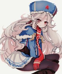 Rule 34 | 1girl, between legs, blue jacket, boots, capelet, eyes visible through hair, girls&#039; frontline, grey background, hand between legs, hat, jacket, kairi630, long hair, looking at viewer, makarov (girls&#039; frontline), no nose, pantyhose, parted bangs, pleated skirt, red eyes, red scarf, scarf, silver hair, simple background, sitting, skirt, smile, solo, star (symbol), white skirt