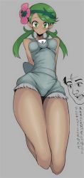 Rule 34 | 1girl, :o, apron, blush, breasts, creatures (company), dark-skinned female, dark skin, face, female focus, flower, game freak, green eyes, green hair, grey background, hair flower, hair ornament, kneeling, legs, looking at viewer, mallow (pokemon), motsuaki, nintendo, pokemon, pokemon sm, simple background, sleeveless, solo, text focus, thighs, translation request, trial captain, twintails