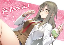 Rule 34 | 10s, 1girl, artist name, blouse, breasts, brown eyes, brown hair, closed mouth, collared shirt, expressionless, flask, from side, futaba rio, glasses, hair between eyes, highres, lab coat, large breasts, legs together, long hair, long sleeves, looking at viewer, miniskirt, necktie, parted bangs, pink background, red necktie, round-bottom flask, seishun buta yarou, shirt, sitting, skirt, solo, test tube, thighs, tokki, translation request, very long hair, wavy hair, white shirt