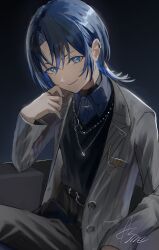 Rule 34 | 1girl, a shime, androgynous, black vest, blue eyes, blue hair, blue shirt, chain necklace, closed mouth, collared shirt, earrings, elbow rest, formal, grey jacket, grey pants, highres, hiodoshi ao, hololive, hololive dev is, jacket, jewelry, light smile, long sleeves, looking at viewer, mole, mole under mouth, necklace, open clothes, open jacket, pants, parted bangs, pink nails, ring, shirt, short hair, signature, single earring, sitting, solo, striped clothes, striped jacket, suit, vertical-striped clothes, vertical-striped jacket, vest, virtual youtuber