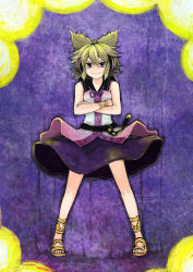 Rule 34 | &gt;:), 1girl, aura, bare arms, bare shoulders, blonde hair, blush, crossed arms, dark aura, dress, earmuffs, flat chest, full body, gradient background, highres, layered dress, monrooru, pointy hair, purple eyes, sandals, smug, solo, touhou, toyosatomimi no miko, v-shaped eyebrows