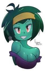 Rule 34 | 1girl, breasts, cleavage, colored skin, earrings, green skin, jewelry, large breasts, red eyes, rottytops, shantae (series), solo, strap slip, tagme, zombie