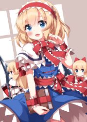 Rule 34 | 1girl, alice margatroid, blonde hair, blue dress, blue eyes, blush, book, capelet, dress, grimoire of alice, hairband, highres, holding, holding book, lance, lolita hairband, looking at viewer, open mouth, polearm, red hairband, ruu (tksymkw), shanghai doll, shield, short hair, smile, solo, touhou, weapon, white capelet