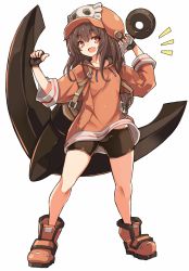 Rule 34 | 1girl, anchor, arms up, backpack, bag, bike shorts, black gloves, black shorts, boots, brown eyes, brown footwear, brown hair, brown shirt, fang, fingerless gloves, full body, gloves, guilty gear, hat, highres, karukan (monjya), legs, long hair, may (guilty gear), open mouth, shirt, shorts, smile, solo, thighs