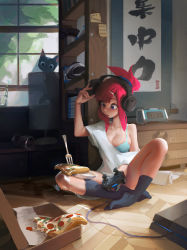 Rule 34 | 1girl, absurdres, artist name, black cat, black socks, blue bra, blue eyes, bo xun lin, bra, breasts, cat, cleavage, clock, commentary, controller, drawer, english commentary, flower, food, fork, game console, game controller, hair bun, hair ornament, hairclip, headphones, highres, large breasts, long hair, off-shoulder shirt, off shoulder, open mouth, original, paper towel, partially immersed, pepperoni, pink hair, pizza, shelf, shirt, single hair bun, sitting, socks, solo, underwear, white flower, white shirt, window