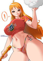 Rule 34 | !, 1girl, ahoge, artist name, bikini, bikini bottom only, breasts, brown eyes, crop top, earrings, elpipe 3000, from below, grin, groin, highres, holding, holding weapon, jewelry, large breasts, long hair, looking at viewer, nami (one piece), navel, one piece, orange hair, parted lips, patreon username, pearl earrings, print shirt, red shirt, shirt, shoulder tattoo, simple background, smile, solo focus, spoken exclamation mark, stomach, swimsuit, tattoo, very long hair, weapon, white background, zeus (one piece)