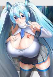 Rule 34 | 1girl, absurdres, alternate breast size, aqua hair, bare shoulders, between breasts, black skirt, black thighhighs, blue eyes, blue nails, blush, breast suppress, breast tattoo, breasts, chestnut mouth, city, cleavage, cleavage cutout, clothing cutout, detached sleeves, earmuffs, hatsune miku, highres, huge breasts, long hair, miniskirt, necktie, necktie between breasts, number tattoo, pleated skirt, scarf, skirt, solo, tattoo, thighhighs, twintails, v, very long hair, vocaloid, white scarf, xiao (gensou8953), yuki miku, yuki miku (2011), zettai ryouiki