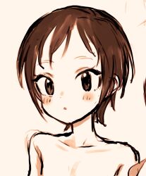 1girl blush breasts eisu_(eith) eyelashes highres kurosaki_honoka monochrome portrait sepia short_hair simple_background sketch small_breasts topless upper_body yama_no_susume