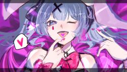Rule 34 | 1girl, ;p, bare shoulders, blue eyes, blue hair, bow, bowtie, commentary request, dated, detached collar, finger to own chin, fingernails, grey eyes, grey hair, hair ornament, hane (kakuhane), hatsune miku, heart, highres, long hair, looking at viewer, nail polish, one eye closed, open mouth, pink bow, pink bowtie, pink nails, portrait, rabbit hole (vocaloid), red nails, smile, solo, spoken heart, teardrop facial mark, tongue, tongue out, twintails, twitter username, vocaloid, x hair ornament