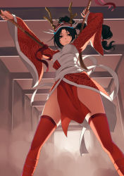Rule 34 | 1girl, akali, akali (legacy), alternate costume, alternate eye color, antlers, arm up, black hair, blood moon akali, breasts, ceiling, doorway, dual wielding, fighting stance, fkey, floating hair, from below, hair ornament, hair stick, high ponytail, holding, holding weapon, horns, kama (weapon), league of legends, legs apart, light smile, long hair, long sleeves, looking at viewer, looking down, low-tied long hair, mask, mask on head, ninja, outstretched arm, over shoulder, pelvic curtain, ponytail, red eyes, red legwear, ribbon, sash, seigaiha, sickle, smile, smoke, solo, standing, taut clothes, thighs, weapon, weapon over shoulder, wide sleeves