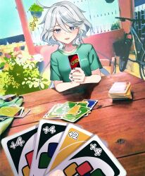 Rule 34 | +++, 1girl, absurdres, alternate costume, bicycle, blue eyes, blue hair, blush, card, casual, commentary request, derivative work, furina (genshin impact), genshin impact, green shirt, grey hair, hair between eyes, highres, holding, holding card, indoors, long hair, looking at viewer, meme ta so, mismatched pupils, multicolored hair, nail polish, open mouth, plant, pov, shirt, short sleeves, smug, solo focus, table, uno (game), very long hair