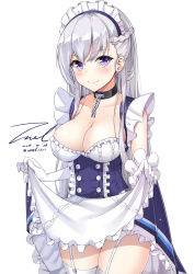 Rule 34 | 1girl, apron, azur lane, belfast (azur lane), blue eyes, blush, braid, breasts, chain, cleavage, closed mouth, clothes lift, collar, collarbone, dated, dress, dress lift, elbow gloves, french braid, frilled gloves, frills, garter straps, gloves, large breasts, long hair, looking at viewer, maid, maid headdress, sidelocks, signature, silver hair, simple background, smile, solo, thighhighs, thighs, unel, white background, white gloves, white thighhighs