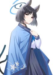Rule 34 | 1girl, absurdres, animal ears, black eyes, black hair, black skirt, blue archive, blue neckerchief, blush, cat ears, cat tail, closed mouth, haori, highres, japanese clothes, kikyou (blue archive), long sleeves, looking at viewer, multiple tails, neckerchief, olecafe2, pleated skirt, school uniform, serafuku, short hair, simple background, skirt, solo, tail, two tails, white background