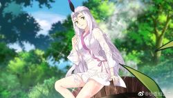 Rule 34 | 1girl, bare legs, blue sky, bucket, bush, cloud, doupo cangqiong, dress, grass, green eyes, highres, long sleeves, sitting, sky, solo, sparkle, tree, upper body, wet, wet clothes, white dress, white hair, xiao yi xian (doupo cangqiong), xiao yi xian zhuye