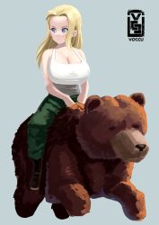 Rule 34 | 1girl, absurdres, artist logo, bear, black footwear, blonde hair, blue eyes, breasts, clara (girls und panzer), cleavage, closed mouth, commentary, cosplay, english commentary, girls und panzer, green pants, grey background, highres, large breasts, light frown, long hair, looking to the side, one-hour drawing challenge, pants, parody, real life, riding, shirt, shoes, simple background, solo, tank top, vladimir putin, vladimir putin (cosplay), voc, white shirt
