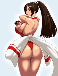 Rule 34 | 1girl, ass, breasts, brown eyes, brown hair, fatal fury, female focus, huge ass, large breasts, looking back, ml, ponytail, shiranui mai, simple background, snk, solo, the king of fighters