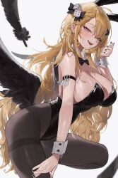 Rule 34 | 1girl, absurdres, black leotard, black nails, black wings, blonde hair, blush, breasts, covered navel, detached collar, feathered wings, grey eyes, hair ornament, highleg, highleg leotard, highres, large breasts, leotard, looking at viewer, nail polish, open mouth, original, pantyhose, playboy bunny, rima (0136), simple background, smile, solo, strapless, strapless leotard, wings, wrist cuffs