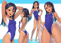 Rule 34 | 1girl, :d, armpits, arms behind head, arms up, ass, back, barefoot, black hair, blue background, blue one-piece swimsuit, blush, breasts, brown eyes, cameltoe, competition swimsuit, dark skin, earclip, fang, fangs, female focus, full body, grin, groin, hair ornament, hairclip, hand in own hair, hand on own hip, highleg, highleg swimsuit, highres, ijiranaide nagatoro-san, kawakami rokkaku, long hair, looking at viewer, multiple views, nagatoro hayase, one-piece swimsuit, one-piece tan, open mouth, skin fang, small breasts, smile, swimsuit, tan, tanline, towel