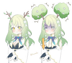 Rule 34 | 1girl, alternate breast size, antlers, blue ribbon, braid, braided bangs, branch, breast reduction, breasts, ceres fauna, cleavage, cleavage cutout, clothing cutout, fake antlers, flat chest, flower, fuyouchu, green hair, hair flower, hair ornament, hololive, hololive english, horns, large breasts, long hair, looking at viewer, ribbon, tree, turn pale, twitter username, upper body, virtual youtuber, white background, yellow eyes