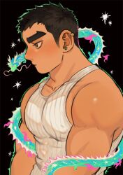 Rule 34 | 1boy, bara, black hair, blush, covered erect nipples, dark-skinned male, dark skin, dragon, earrings, expressionless, from side, highres, jewelry, kim liong (shan), large pectorals, long sideburns, looking ahead, male focus, muscular, muscular male, original, pectorals, shan (shanshankuo), short hair, sideburns, solo, striped tank top, tank top, thick eyebrows, upper body, white tank top