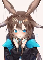 Rule 34 | 1girl, amiya (arknights), animal ears, arknights, blue eyes, blush, brown hair, rabbit ears, commentary request, flapping ears, highres, hoerutarou, jacket, long hair, long sleeves, looking at viewer, multiple rings, open mouth, solo, thumb ring, upper body