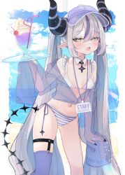 Rule 34 | 1girl, absurdres, ahoge, bikini, black horns, braid, braided bangs, highres, hololive, horns, jacket, la+ darknesss, mismatched bikini, multicolored hair, mutsumi326, pointy ears, purple hair, see-through, see-through jacket, see-through sleeves, side-tie bikini bottom, sleeves past fingers, sleeves past wrists, streaked hair, striped bikini, striped clothes, striped horns, swimsuit, thighhighs, twintails, virtual youtuber