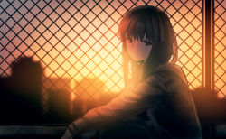 Rule 34 | 1girl, black eyes, black hair, blurry, chain-link fence, closed mouth, depth of field, expressionless, fence, from side, hood, hoodie, long hair, looking at viewer, original, outdoors, ryokucha manma, sitting, solo, sunset