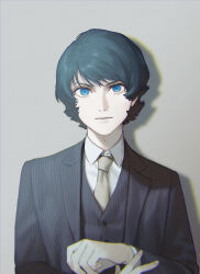 Rule 34 | 1boy, blue eyes, blue jacket, blue vest, closed mouth, collared shirt, commentary request, formal, green hair, grey background, gundam, highres, jacket, kamille bidan, lapels, long sleeves, looking at viewer, male focus, necktie, pinstripe pattern, pinstripe suit, pinstripe vest, shadow, shirt, short hair, simple background, solo, straight-on, striped, suit, suit jacket, upper body, ususio 11, vest, white shirt, yellow necktie, zeta gundam