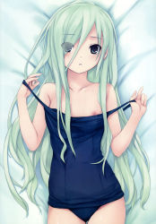 Rule 34 | 1girl, absurdres, aqua hair, bare shoulders, blush, coffee-kizoku, collarbone, cure girl, eyes visible through hair, flat chest, from above, green eyes, highres, image sample, kagamihara itsuha, long hair, looking at viewer, lying, nipple slip, nipples, on back, one-piece swimsuit, open mouth, school swimsuit, solo, strap pull, swimsuit, tsukuyomi (cure girl), undressing