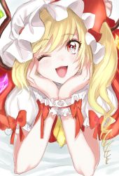 Rule 34 | 1girl, ;d, ascot, barefoot, bed sheet, blonde hair, blush, bow, commentary request, crystal, eyelashes, flandre scarlet, hands up, hat, hat ribbon, head rest, heart, heart-shaped pupils, highres, looking at viewer, lying, mob cap, on stomach, one eye closed, open mouth, puffy short sleeves, puffy sleeves, red bow, red eyes, red ribbon, ribbon, rosette (roze-ko), short sleeves, side ponytail, smile, solo, symbol-shaped pupils, touhou, white hat, wings, wrist cuffs, yellow ascot
