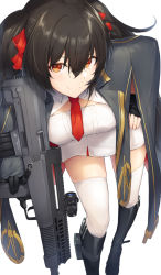 Rule 34 | 1girl, assault rifle, bad id, bad pixiv id, black footwear, black gloves, black hair, blush, boots, breasts, brown eyes, brown hair, bullpup, buttons, cape, cleavage cutout, closed mouth, clothing cutout, corset, dabuki, double-breasted, fingerless gloves, girls&#039; frontline, gloves, gun, hair between eyes, hair ribbon, holding, holding gun, holding weapon, knee boots, knee strap, leaning forward, long hair, looking at viewer, medium breasts, necktie, pleated skirt, pointing, pointing at viewer, qbz-97, red eyes, ribbon, rifle, shirt, simple background, skindentation, skirt, sleeveless, sleeveless shirt, smile, solo, thighhighs, twintails, type 97 (girls&#039; frontline), underbust, very long hair, weapon, white shirt, white thighhighs
