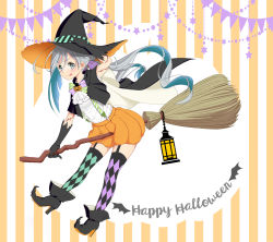 Rule 34 | 1girl, :q, adjusting hair, alternate costume, ascot, bad id, bad pixiv id, black gloves, broom, broom riding, checkered clothes, checkered legwear, garter straps, gloves, grey eyes, halloween, happy halloween, hat, high heels, highres, kantai collection, kiyoshimo (kancolle), long hair, looking at viewer, low twintails, pumpkin pants, sakuharu, silver hair, smile, solo, suspenders, tongue, tongue out, twintails, witch, witch hat