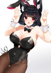 Rule 34 | 1girl, :o, absurdres, animal ears, azur lane, black bow, black bowtie, black hair, blush, bow, bowtie, breasts, brown pantyhose, cat ears, cleavage, covered navel, detached collar, fake animal ears, fang, gradient background, grey background, hands up, highres, huge filesize, large breasts, leotard, looking at viewer, open mouth, pantyhose, playboy bunny, rabbit ears, red eyes, short hair, skin fang, solo, white background, yamaha tsui, yamashiro (azur lane)